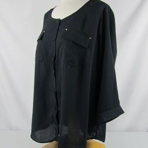 NY Collection Black Solid Rolled Sleeve Button Top Brass detail plus size 2X